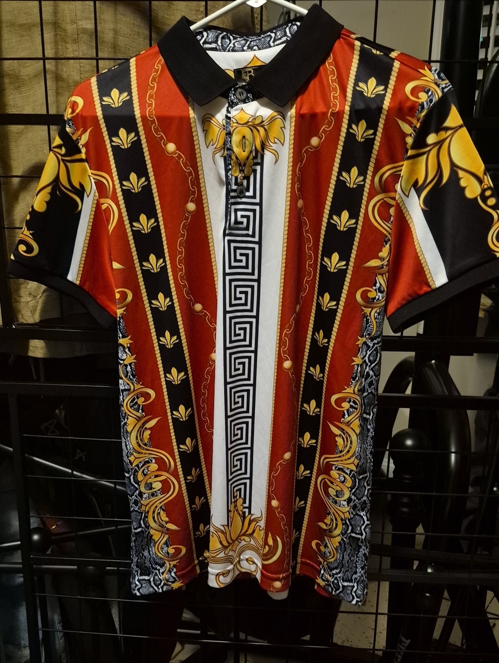 Men's Red & Black Baroque Print Polo Shirt